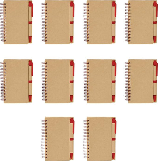 Mini Spiral Notebooks with Black Ink Pens Set of 10, Bulk Pack - Perfect for School, Office, Business, Home - Red-DeskLoop Office