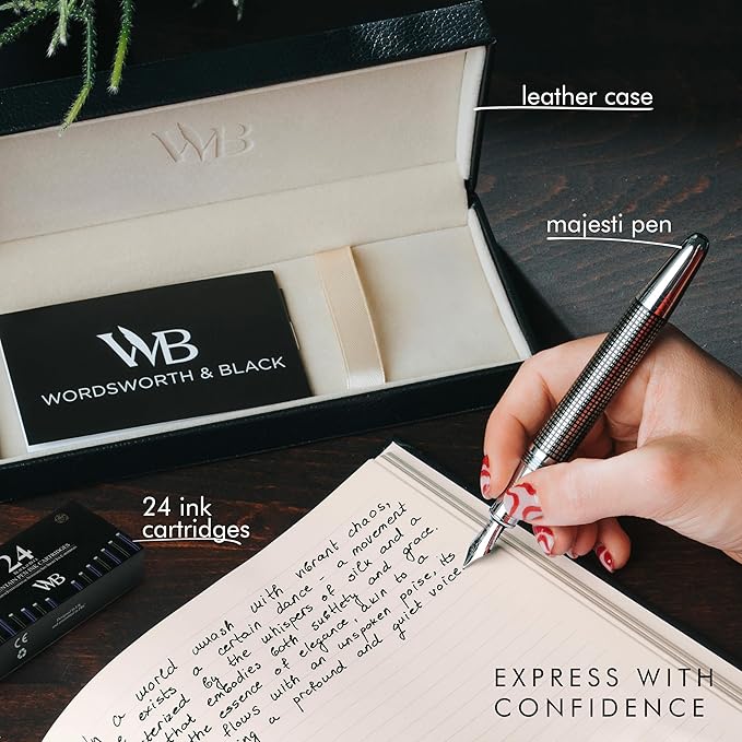 Wordsworth & Black Majesti Fountain Pen-(Black Checked), Luxury Case, Stainless Steel; Medium Nib- Ink Cartridges, Refillable Ink Converter-Calligraphy Pen-Best Business Gift Set for Men & Women-DeskLoop Office