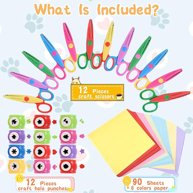 12 PCS Craft Scissors Decorative Edge, 12 PCS Small Hole Punch Shapes, 90 Sheets Colorful Origami, Kids Adults Craft Kit for DIY Crafts, Scrapbooking, Card Making, School Supplies-DeskLoop Office