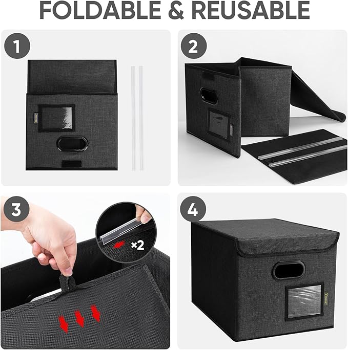 BALEINE File Organizer Box with Lid, Collapsible File Folder Organizer with Plastic Slide, Hanging File Folder Box for Office Document Storage (1 Pack, Black)-DeskLoop Office