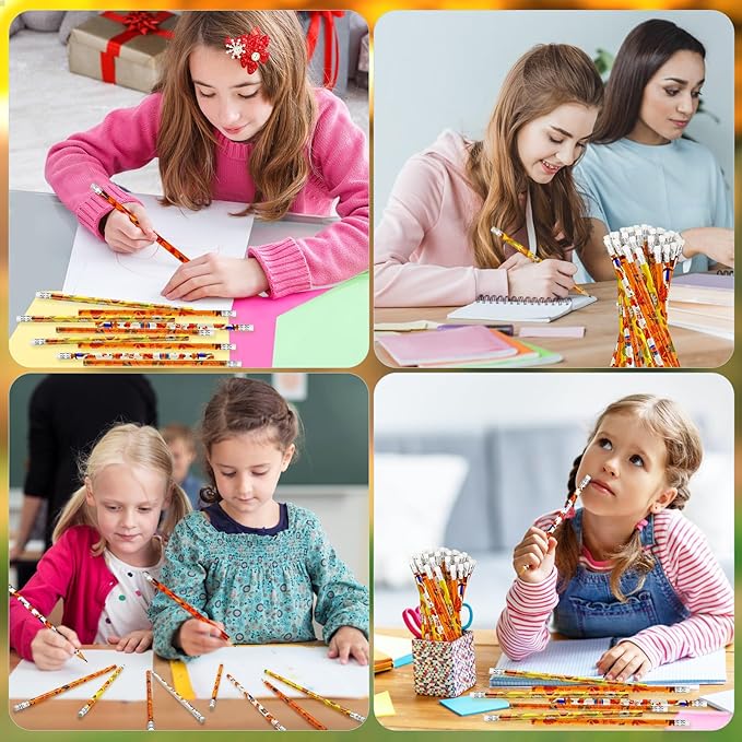 Cinrobiye 100 Pieces Fall Thanksgiving Day Pencils with Eraser Holiday Fall Maple Leaf Autumn Pumpkins Wood Scarecrow Acorns Pencils for Harvest School Party Gift Supplies
