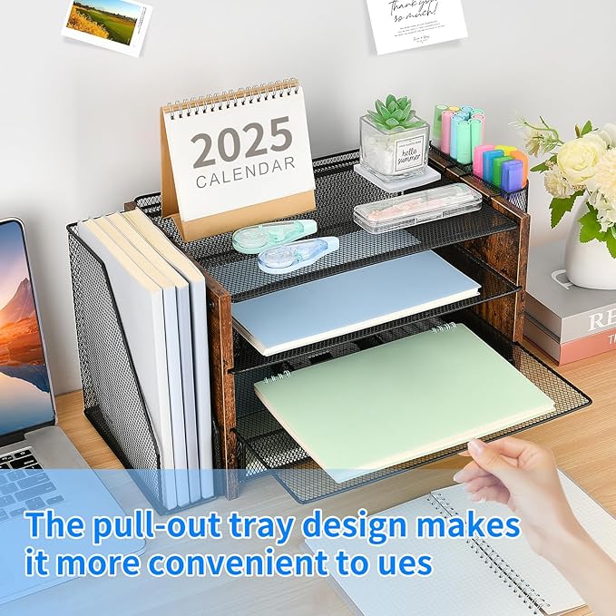 Desk Organizer and Accessories, 4-Tier Desktop File Organizer with Drawer and 2 Pen Holders, Office Desk Accessories for Office Supplies(Wood)-DeskLoop Office