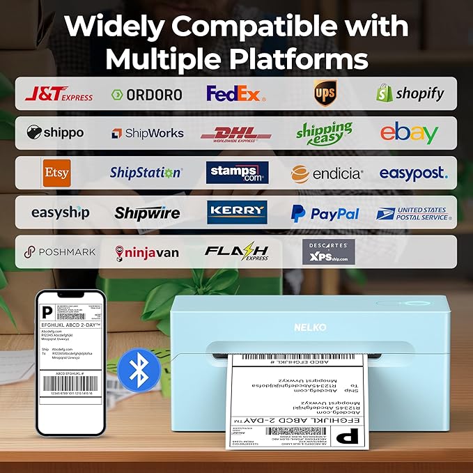 Nelko Bluetooth Thermal Shipping Label Printer, 4x6 Shipping Label Printer for Shipping Packages, Support Android, iPhone and Windows, Widely Used for Amazon, Ebay, Shopify (Blue)-DeskLoop Office