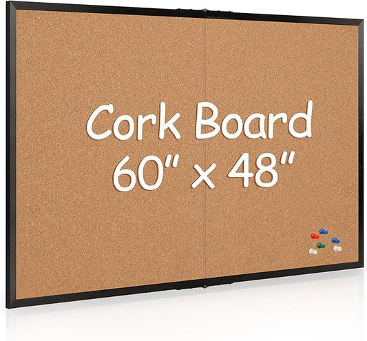 Board2by Extra Large Cork Bulletin Board 60" X 48", Foldable Notice Pin Board for Wall, Black Wood Framed 5'x4' Corkboard, Wall Mounted Noticeboard with 32 Push Pins for School, Home & Office-DeskLoop Office