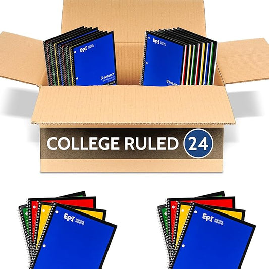 EPI Spiral Notebook | 5 Subject - College Ruled - 180 Sheets, Durable Spiral Binding | 10.5 x 8 in | Classroom Supplies | School, Office, Note Taking, Journaling - 24 Pack-DeskLoop Office