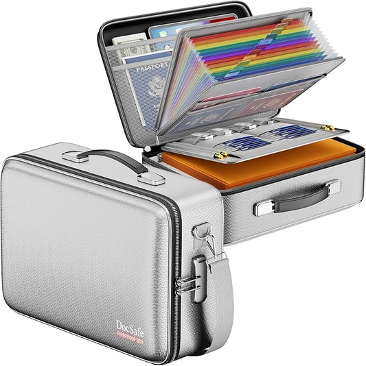 DocSafe Fireproof Document Box with Lock, Hard Case File Organizer with Accordion File Folder, Fireproof Water Resistant Safe Box Home Office Travel Storage for Important Documents Laptop Silver-DeskLoop Office