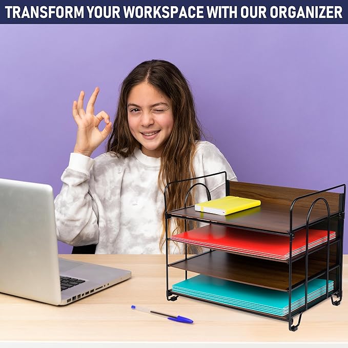 4-Tier Office Organizer, Desk File Organizer with Wood Patterned Shelves, Office Supplies Desktop Organization for Storage of Paper, Bills, Letters, Multi-Functional Desk Organization and Accessories-DeskLoop Office