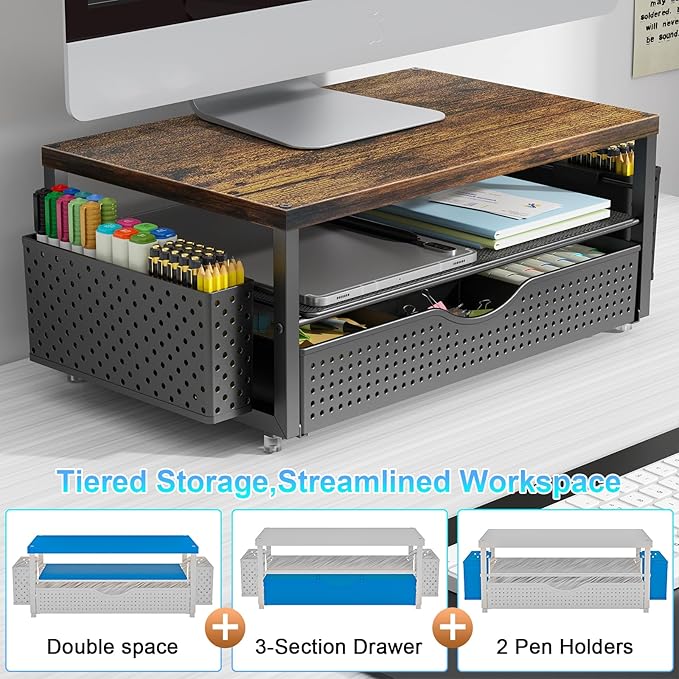gianotter Wood Monitor Stand Riser, Office Desk Shelf Organizer, Desk Organizer with Drawer and Pen Holder, 2-Tier Computer Stand, Office Organization (Wood)-DeskLoop Office