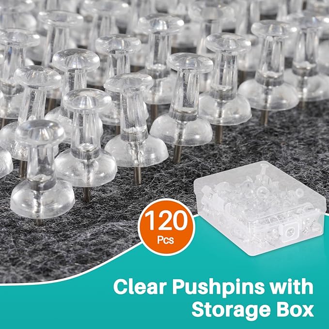 120Pcs Push Pins for Bulletin Board, Thumb Tacks for Cork Board, Clear Plastic Head, Steel Tip, Thumbtacks for Wall Poster Photo Maps Pictures Office Home Decor-DeskLoop Office