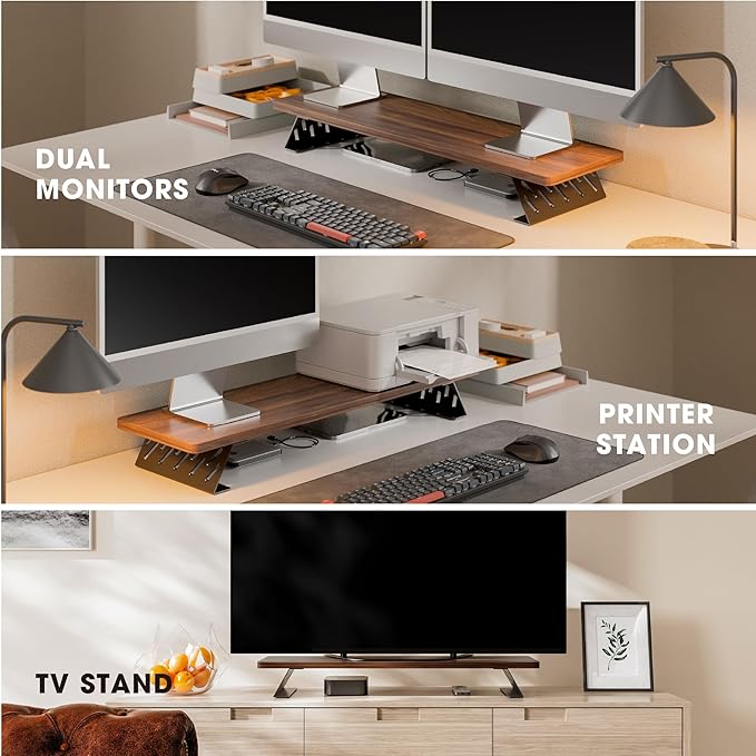 Fenge Monitor Stand Riser, Desk Top Shelf for 2 Monitors, Computer Stands for Desk, Wood & Steel Desktop Riser for Laptop, PC, Printer-DeskLoop Office