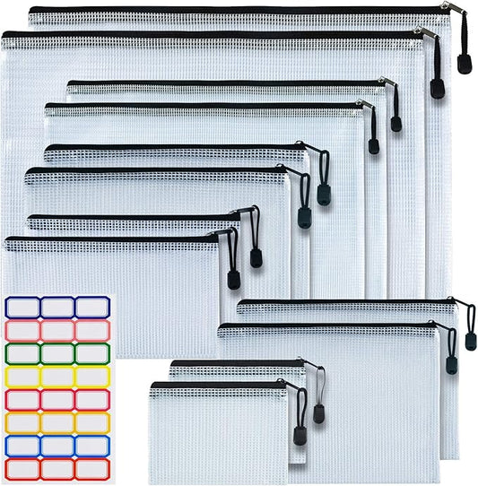 12 Pcs Plastic Mesh Zip File Bags, Waterproof Tear-Resistant Document File Folders, MultiSize Zipper Documents Pouch Organizer Bags for School Office Home Travel Storage(6 Sizes)-DeskLoop Office