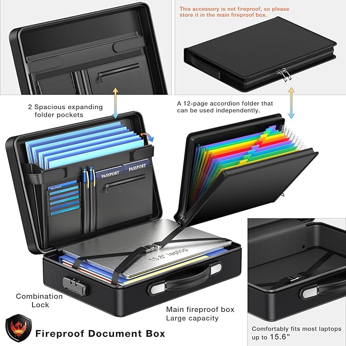 Fireproof Document Box with Fireproof Zipper, Hard Inner Shell Fireproof Document Bag with Lock, Fireproof Water Resistant Important Document Organizer 16 inch Laptop File Briefcase (Black)-DeskLoop Office