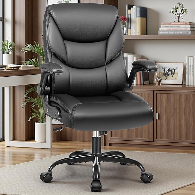 PU Leather Executive Office Chair, Ergonomic High-Back Computer & Gaming Chair with Adjustable Height, Rolling Swivel & Flip-Up Armrests, Comfy Padded Seat for Home Office-Black-DeskLoop Office