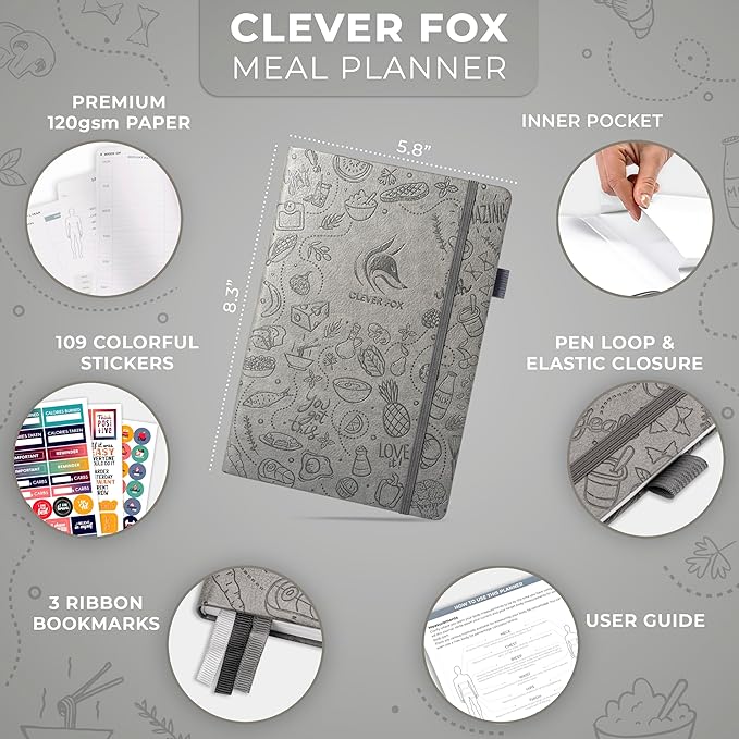 Clever Fox Weekly Meal Planner - Weekly & Daily Meal Prep Journal with Shopping and Grocery Lists for Menu Planning, Healthy Diet & Weight Loss Tracking, Lasts 1 Year, Undated, A5 - Gray-DeskLoop Office