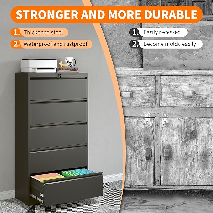 Locking File Cabinet with 5 Drawer Heavy Duty Large Metal Filing Cabinet Home Office Lateral File Cabinets Wide Steel Cabinets for Legal/Letter Size Files,Assembly Required-DeskLoop Office