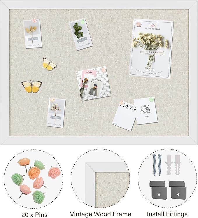 Cork Board Bulletin Board 18" x 24", Large Linen Corkboards with Frame for Walls, Cute Picture Display Pin Board Vision Board for Room School Office Bedroom 20 Pushpins Vintage White-DeskLoop Office