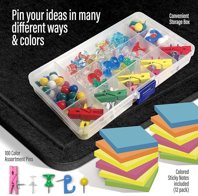 Large Bulletin Board 60 x 36 Inches - Foldable Felt Bulletin Board for Wall, Cork Board Alternative with 100 Color Pins & 12 Note Pads, Vision Board - Black-DeskLoop Office