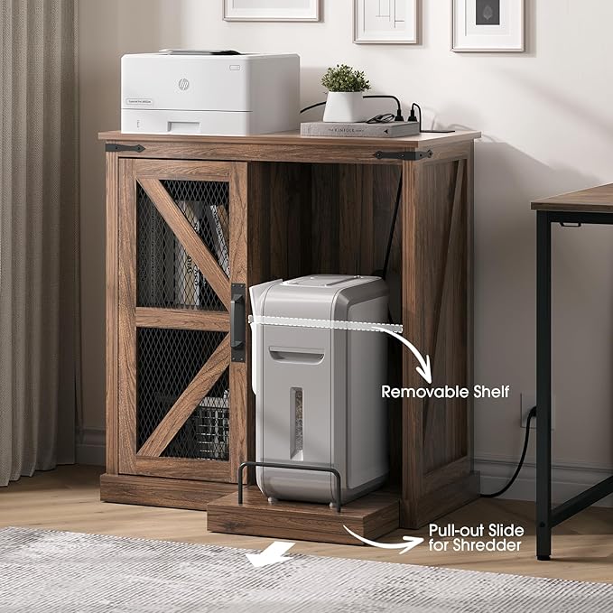 Printer Stand with Storage,File Cabinet with Socket and USB Charging Port,Farmhouse Paper Shredder Stand Rack with Slide-Out Shelf,Walnut-DeskLoop Office