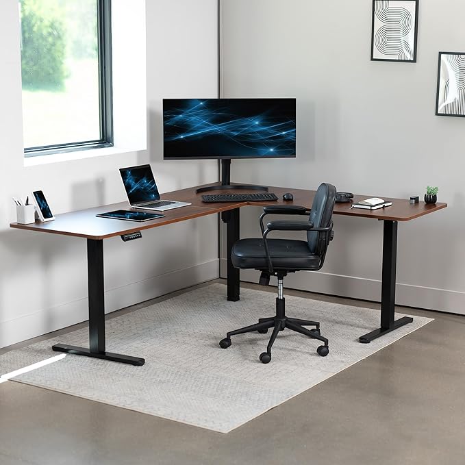 VIVO Electric Corner L-Shaped 75 x 63 in Standing Desk, Memory Height Adjustment, Dark Walnut Top Black Frame, DESK-E3CTD-75-DeskLoop Office
