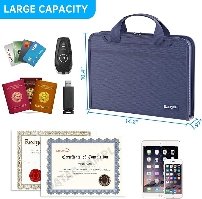 ENGPOW Accordion File Organizer,Fireproof Expanding File Folder with Multi Pockets,13 Pockets Document Organizer with Handle & Labels,Portable Home Travel Safe Storage Folder for Letter A4 Files,Blue-DeskLoop Office