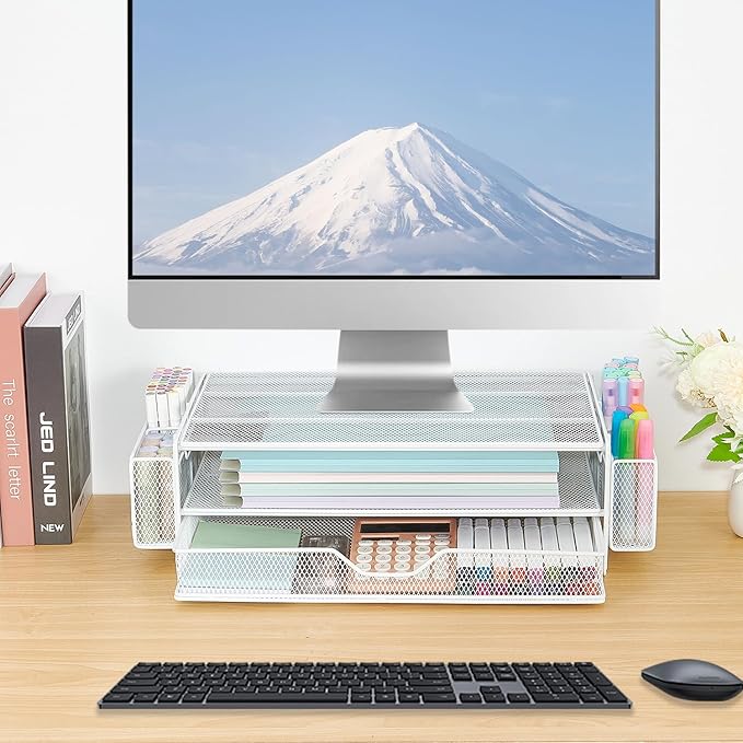 AUPSEN Computer Monitor Stands Riser,2-Tier Desk Organizers and Accessories, Office Desk Accessories Organizer with Drawers and 2 Pen Holder for Office Supplies (White)-DeskLoop Office