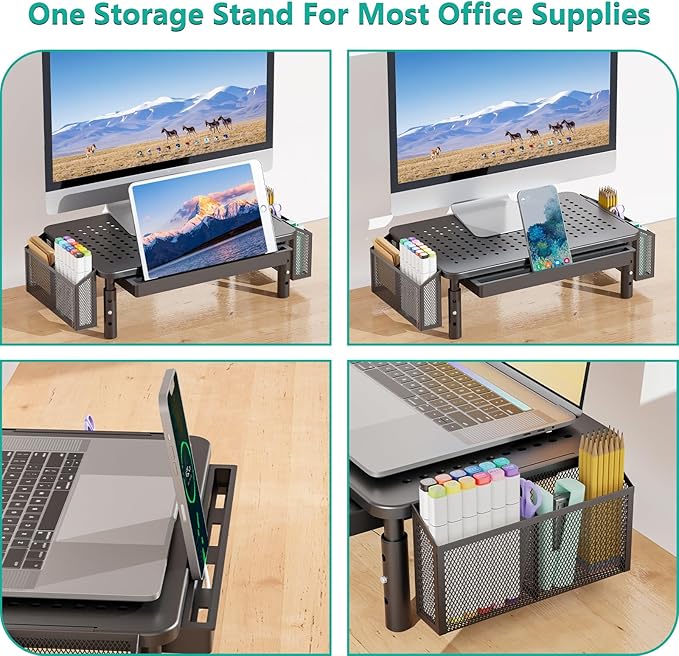 WALI Dual Monitor Stand with Storage, Desk Organizer with Drawer and Pen Holder, Desk Monitor Riser 3 Height Adjustable, Laptop Riser for Computer, Laptop, Printer (STT003DH-2B), 2 Pack, Black-DeskLoop Office