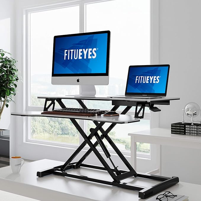 FITUEYES Height Adjustable Standing Desk 32” Wide Sit to Stand Converter Stand Up Desk Tabletop Workstation for Laptops Dual Monitor Riser White SD308003WW-DeskLoop Office