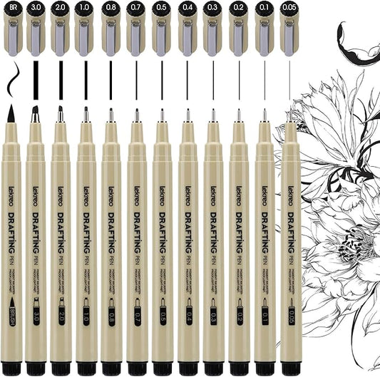 Micron 12-Piece Fineliner Pen, Assorted Point Sizes 0.05 to 3mm & Brush Pens, for Art, Writing & Bullet Journaling - Assorted Point Sizes (12 Point Sizes)-DeskLoop Office