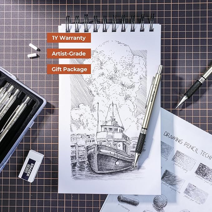 Nicpro 0.9 mm Art Mechanical Pencils Set in Gift Case, 6 PCS Metal Drafting Pencil 0.9mm with 6 Tube HB Lead Refills & 18 PCS Eraser Refills for Adults, Children, Artist Writing, Drawing, Sketching-DeskLoop Office