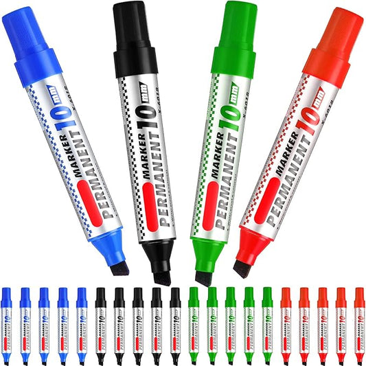 Thenshop 24 Pack Jumbo Size Permanent Markers Bulk Permanent Marker Set Chisel Tip Pens Waterproof for Industrial Use Work on Wood Metal Plastic Stone Glass(Black, Blue, Red and Green)-DeskLoop Office