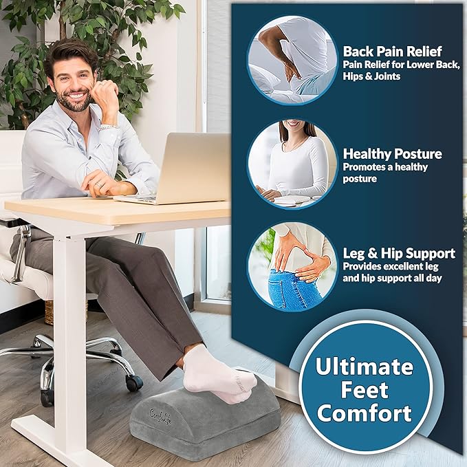 ComfiLife Foot Rest for Under Desk at Work – Adjustable Height Memory Foam Foot Stool for Under Desk, Office Chair & Gaming Chair – Ergonomic Footrest for Back & Hip Pain Relief (Gray)-DeskLoop Office