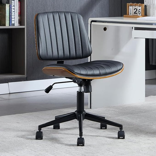 Small Home Office Chair - Armless Mid Back Desk Chair with 360° Swivel and Wheels, PU Upholstered Height Adjustable Modern Walnut Computer Chair for Home, Office Meeting Room - White-DeskLoop Office
