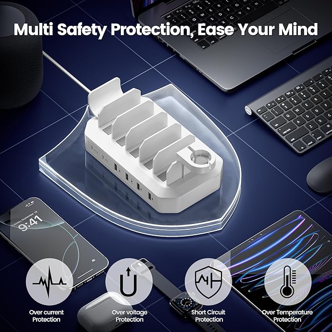 190W Fast Charging Station for Multiple DevicesใCertified Safer Chargingใ 6 Port USB Charger Station - Family Multi-Device Organizer Charging Dock Compatible with iPhone/Android/MacBook/iPad/Tablet-DeskLoop Office