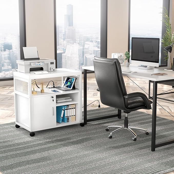 Unikito Rolling File Cabinet Lateral Office Filing Cabinets with Socket and USB Charging Port, Modern Printer Stand on Wheels, Printer Cabinet with Door and Open Storage, Lockable, White-DeskLoop Office