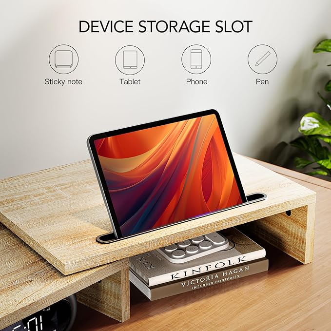 AMERIERGO Dual Monitor Stand Riser- 3 Shelf Screen Stand with Adjustable Length and Angle, 2 Extra Functional Slot Desktop Organizer Stand for PC, Computer, Laptop (Light Wood)-DeskLoop Office