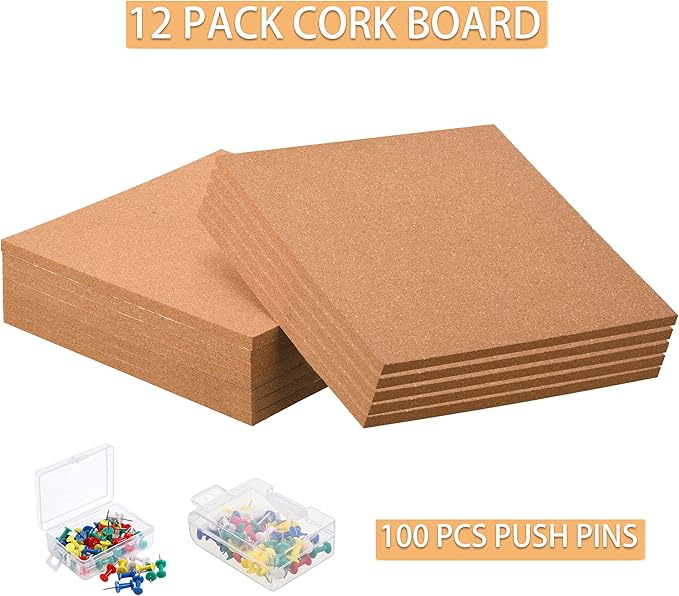 SUNGIFT Cork Board 12"x12" - 1/2" Thick Square Bulletin Boards 12 Pack Cork Tiles with 100 PCS Push Pins Mini Wall Self-Adhesive Corkboards Tiles for Wall-DeskLoop Office