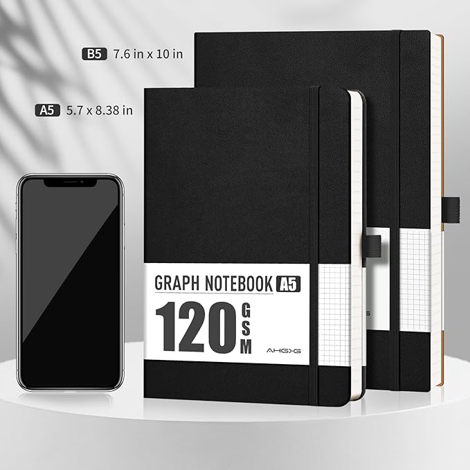 AHGXG Graph Paper Notebook - Grid Notebook Journal A5, 120 GSM Thick Graph Paper, 160 Pages, Leather Hardcover, for Graphing, Writing, Math, Engineering, 5.75'' × 8.38''- Black-DeskLoop Office