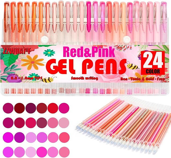 Red Pink Gel Pens for Coloring Book,72 Color Gel Pens Set including 24 Color Gel Pen with 48 Refills,40% More Ink Colored Gel Pens for Drawing, Doodling, Scrapbook, Journaling-DeskLoop Office
