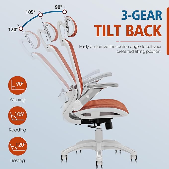 GABRYLLY Ergonomic Office Chair, High Back Home Desk Chair with Headrest, Flip-Up Arms, 90-120° Tilt Lock and Wide Cushion, 400LBS Mesh Chairs for Man Woman, White Task Chair(Orange,GY01WOR)-DeskLoop Office