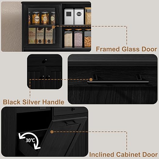 OLD CAPTAIN Tilt Out Trash Cabinet with Deodorising Function, Kitchen Hutch with Microwave Shelf and Drawer, Kitchen Pantry with Trash Cabinet for 10 Gallons, Black-DeskLoop Office