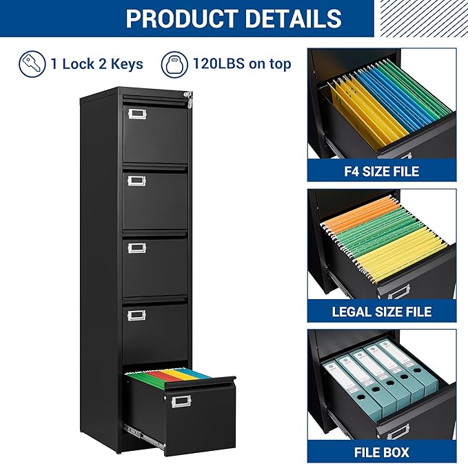 File Cabinets - 5 Drawers Vertical 17.8" Deep Lockable Filing Cabinet - Black & Gray Metal Storage Cabinets for Home Office to Hanging Files Letter/Legal/F4/A4 Size-DeskLoop Office