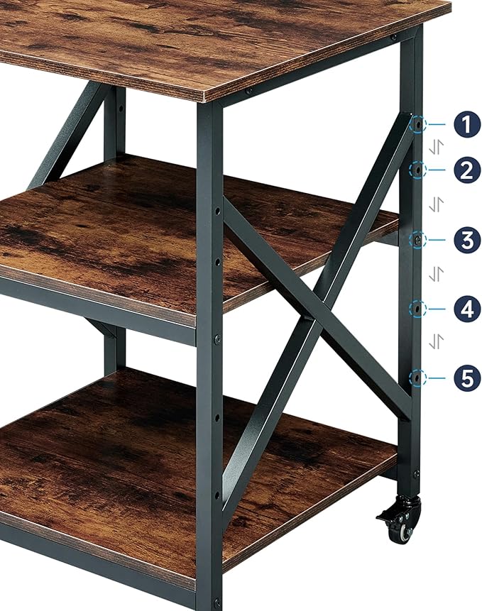 23.6 x 23.6 Inches Large Printer Stand, 3 Tier Square Printer Table with Height Adjustable Storage Shelf, Rolling Printer Cart with Industrial Wheels for Home Office - Rustic Brown-DeskLoop Office