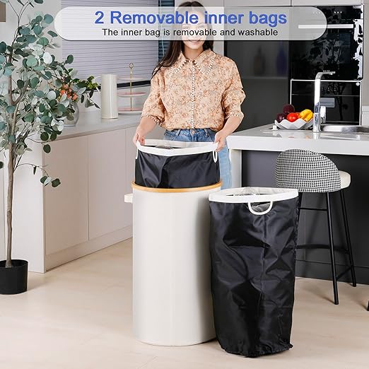 Efluky Recycling Bin 100L, 26 Gallon, Beige, D-Shaped, Oxford Fabric, 17.32"L x 12.9"W x 11.46"H, 2 Removable Inner Bags, Lightweight, Open-Top, Cycling, Kitchen-DeskLoop Office