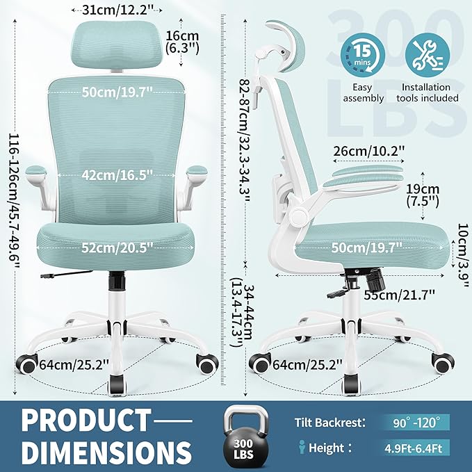 FelixKing Ergonomic Office Chair, Headrest Desk Chair Office Chair with Adjustable Lumbar Support, Home Office Swivel Task Chair with High Back and Armrest, Adjustable Height Gaming Chair(Light Blue)-DeskLoop Office