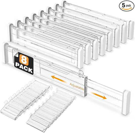 HiYZ Expandable Drawer Dividers with Inserts - Adjustable Drawer Organizers Separators for Kitchen, Bedroom, Dresser, Office, 8 Long Dividers(12.6-22.8 IN) with 16 Inserts(3.9-7.1 IN) - Clear-DeskLoop Office