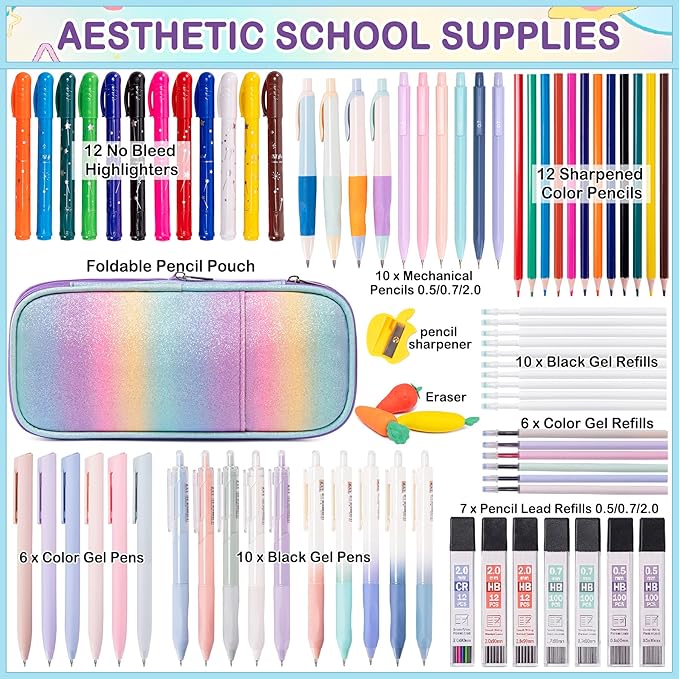78PCS Aesthetic School Supplies with Cute Pencil Case, Pastel Highlighters Gel Pens Mechanical Pencils Set 0.5 0.7 & 2.0mm, Back to School Supplies Student Stationary Set, Pencil Pouch with Supplies-DeskLoop Office