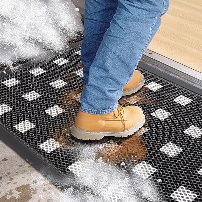 Front Door Mat Indoor Entrance 29.5"x17" for Apartments/Small Spaces, Heavy Duty Rubber Entryway Mats Backing Inside/Outside Dirt Trapping, All Weather Outdoor Rug Black and White-DeskLoop Office