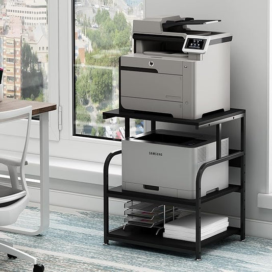 Printer Stand, 23.6 x18.9 x 30 Inches Large Printer Table with Adjustable Storage Shelf, 3 Tier Rolling Printer Cart with Wheels for Home Office, Stand for Heat Press Mini Fridge, Black-DeskLoop Office