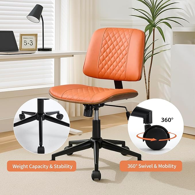 Armless Orange Home Office Chair – Mid-Back PU Leather, Adjustable Height Desk Chair with Swivel Wheels, Walnut Frame for Small Space Study or Bedroom-DeskLoop Office