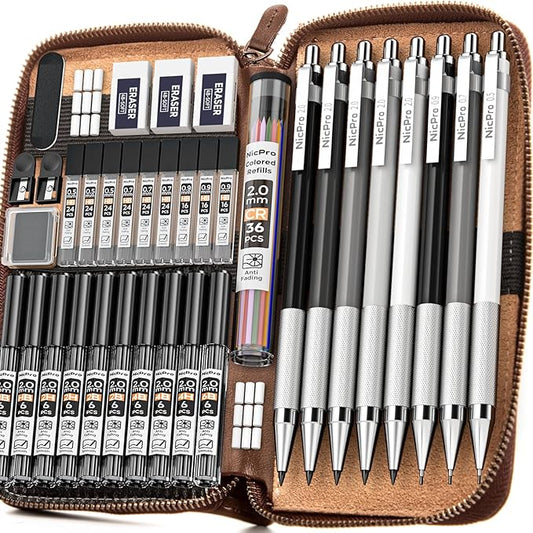 Nicpro 38PCS Art Mechanical Pencils Set in Leather Case, 3 PCS Metal Drafting Pencil 0.5, 0.7, 0.9 mm & 5 PCS 2mm Lead Holder (6B 4B 2B HB 2H 4H Colors) For Sketching Drawing With 20 Tube Lead Refills-DeskLoop Office